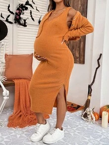 SHEIN طقم كاجوال من 2 قطعة: جاكيت أحادي الصدر بأكمام طويلة وفستان، لملابس الحمل - لون برتقالي - مشاهدة 5