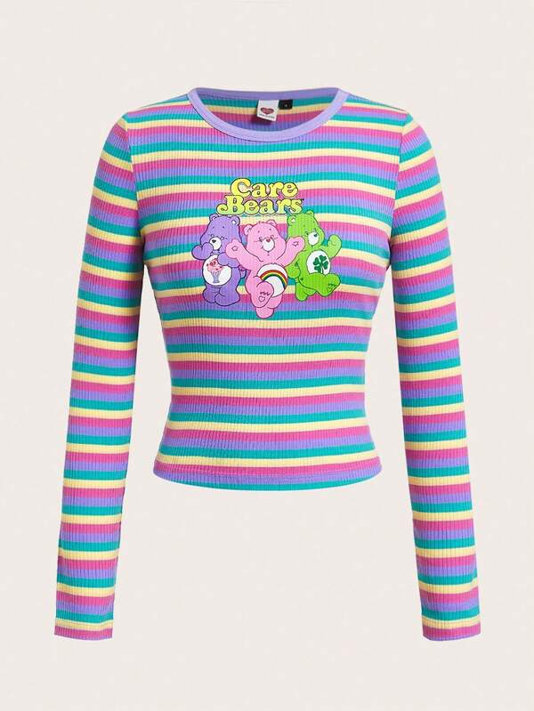 SHEIN X Care Bears Women's Casual Cute Striped Bear Print Long Sleeve Slim Fit T-Shirt
