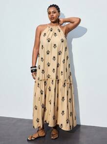 Maija Große Größen Sommer Lässig Kleid mit Blumen Allover-Muster und Trägerkragen