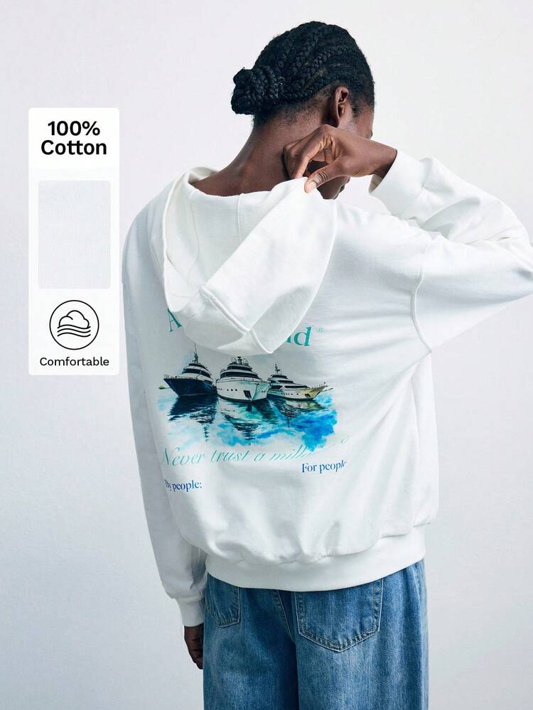 SHEIN X Arenal Sound Women's Slogan Print Drop Shoulder Long Sleeve Casual Pocket Hoodie Graphic Hoodies Graphic Sweatshirts White Hoodie Yacht Graphic Hoodie Boat Graphic Hoodie Autumn Winter Clothes For Women