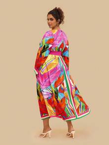SHEIN VCAY Plus Size Women Tropical Colorful Geometric Abstract Print V-Neck Long Sleeve Maxi Dress, Casual Holiday Party Vacation Travel - Multicolor - View 2