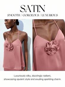 Maija Women's Summer Bubble Gum Pink Floral 3D Decor Tie-Back Halter Neck Tank Top, Casual Business Commute Elegant Vacation Off Shoulder Blouse