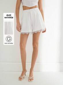 Maija Women's Solid Color Contrast Lace Pleated Casual Shorts - White - View 1