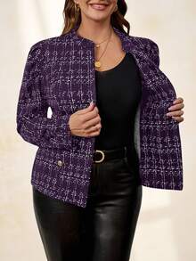 Chikora Chaqueta de mujer de talla grande con hebilla metálica y textura de tweed, elegante y versátil para uso diario, negocios, transporte, otoño e invierno - Morado - Ver 4