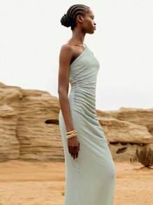Lumivelle Sage Green,Summer,Chic,Vacation,Holiday Women's Textured Knit One Shoulder Maxi Dress, Open Back Ruched Bodycon Slit Hem Cocktail Party Dress - Green - View 5