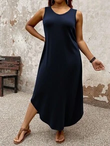 EMERY ROSE 2025 Summer New Arrival Round Neck Sleeveless Dress Women, European & American Style Leopard Print Hem Side Slit Pullover Top - Navy Blue - View 5