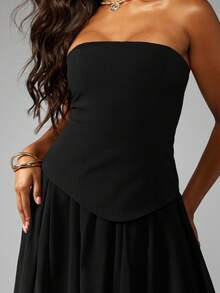 MISSGUIDED 无肩带高腰超长晚礼服正式拖地舞会礼服伴娘场合婚礼宾客派对舞会礼服，配有合身胸衣和飘逸雪纺裙 - 黑色 - 查看 4