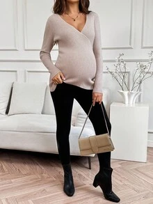 SHEIN Fall Clothes,Autumn Clothes,Maternity Autumn Clothes Maternity Maternity Solid Color Overlap V-Neck Long Sleeve Fitted Fashionable Sweater Maternity Shirts For Women Maternity Clothes Fall Winter Pregnancy Clothing Beige Maternity Shirt Maternity Tops Nursing Maternity Shirt Fall Winter Maternity Beige Maternity Top Pregnant Outfits Maternity Fall Winter Clothing Maternity Wrap Top - Camel - View 4