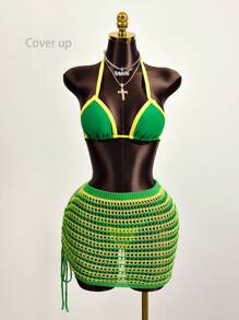 Zestiva Summer Beach Striped Drawstring Side Crochet Cover Up Skirt