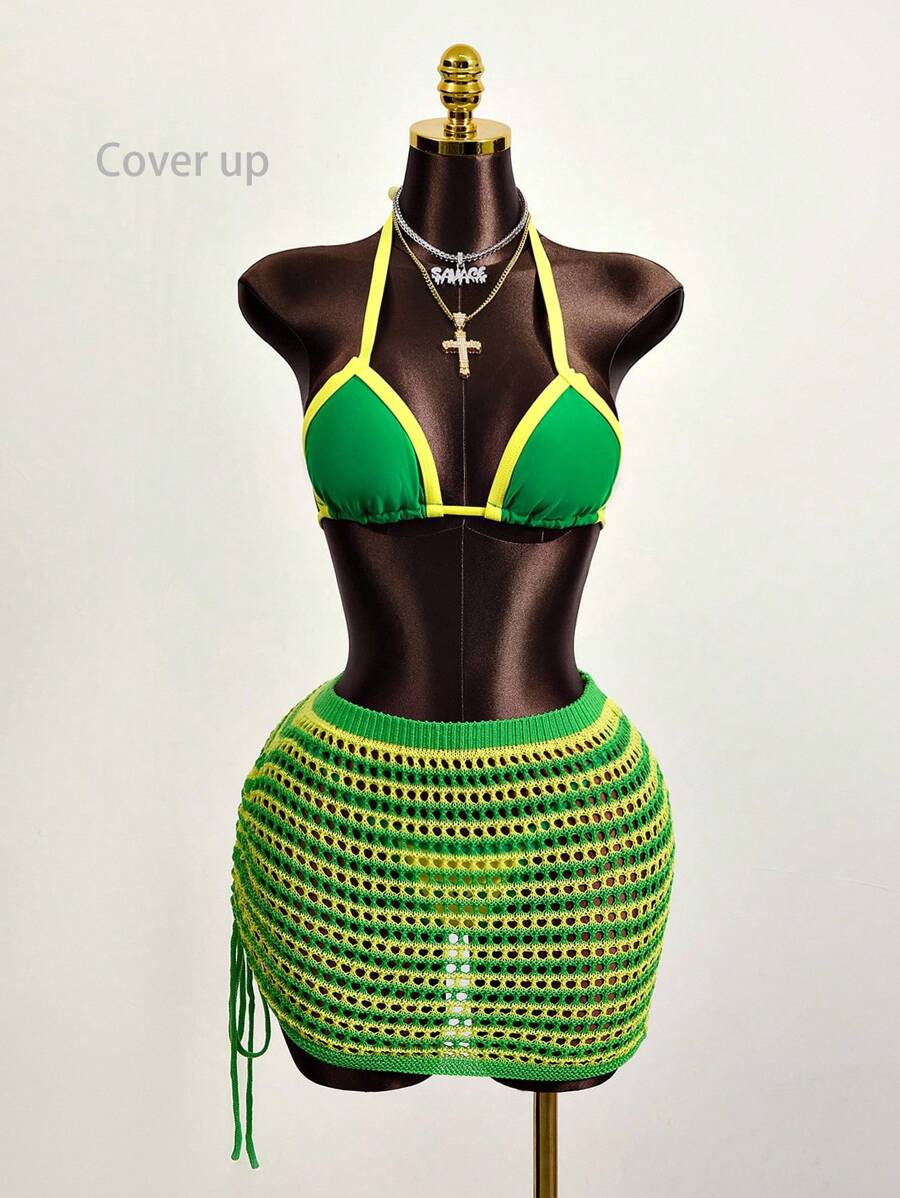 Zestiva Summer Beach Striped Drawstring Side Crochet Cover Up Skirt