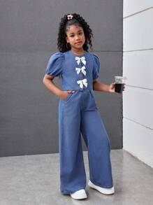 SHEIN Tween Girls Spring Summer Casual Versatile Fashion Round Neck Ruffle Sleeve Button Up Bowknot Top And Baggy Loose Fit Wide Leg Jeans Pants Set,Summer Concert Festival Casual Rave Outfits, Girls Summer Brunch Church Graduation Outfits,Streetwear Back To School Two Pieces Outfits, Blue Two Piece Set, Kids Blue Wide Leg Pants Set, Girls Blue Outfit Set, Girls Bow Top And Pants Set, Tween Girl Two Piece Outfit - Dark Wash - View 4