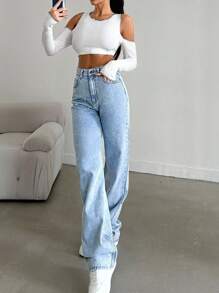 SHEIN Tall Snow Wash Straight Leg Jeans High Rise For Tall - Light Wash - View 5