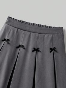 Ontre Tween Girls' Summer Casual Collegiate Style Solid Color Contrast Bow Decor Pleated Mini Skirt
