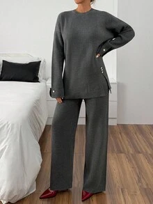 EURMUSE Charcoal Ribbed Knit Co-Ord Set With Pearl Button Detail On Sleeve And Wide-Leg Pants 2 Piece Ribbed Knit Set Two Piece Sweater Sets For Women Womens Two Piece Knit Sets 2 Piece Knit Set Women Ribbed Knit Two Piece Set Knit Two Piece Pants Set,Winter Clothes - Dark Grey - View 2
