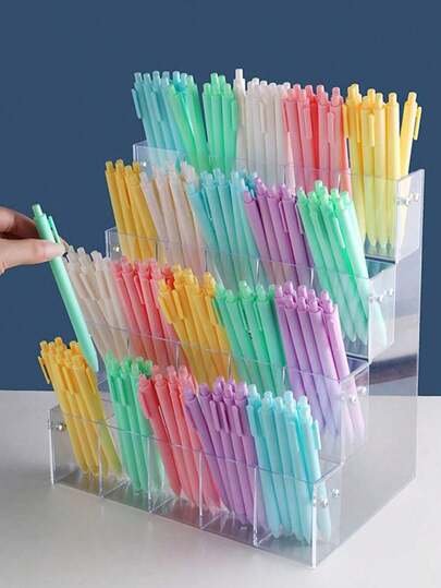 SHEIN 1 pieza Soporte de escritorio de acrílico transparente para bolígrafos, estante de almacenamiento de marcadores, expositor de papelería, organizador de escritorio, caja para bolígrafos, de vuelta a la escuela, útiles escolares, estuche de lápices, mochila escolar