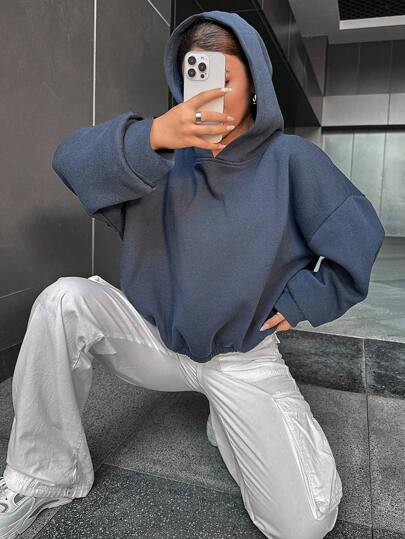 EURMUSE Plus Size Women Casual Solid Color Loose Fit Hoodie Sweatshirts