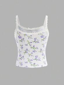 SHEIN Girlism 青少年女孩休闲舒适碎花蕾丝和蝴蝶结装饰背心 - 淡紫色 - 查看 2