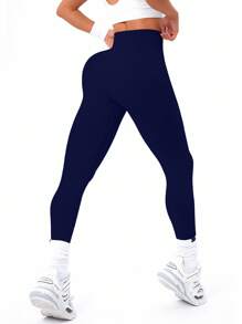 Easithlete Quần legging thể thao/yoga cạp cao liền mạch cho nữ màu trơn - Màu xanh hải quân - Xem 2