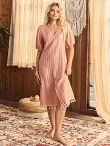 Lullawish Casual Bohemian Style Tassel Decor Women Vacation Dress - Coral Pink - View 3