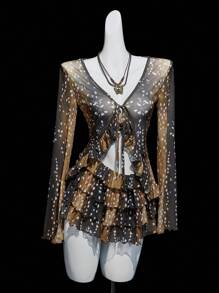 SHEIN ICON 2件套女式鹿印花开衫上衣和分层蛋糕短裤套装 - 棕色 - 查看 1