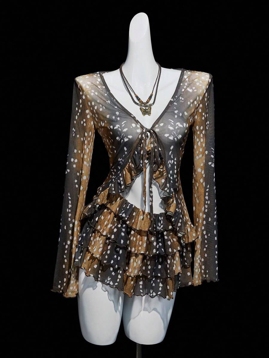 SHEIN ICON 2件套女式鹿印花开衫上衣和分层蛋糕短裤套装 - 棕色 - 查看 1