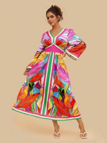SHEIN VCAY Plus Size Women Tropical Colorful Geometric Abstract Print V-Neck Long Sleeve Maxi Dress, Casual Holiday Party Vacation Travel - Multicolor - View 6