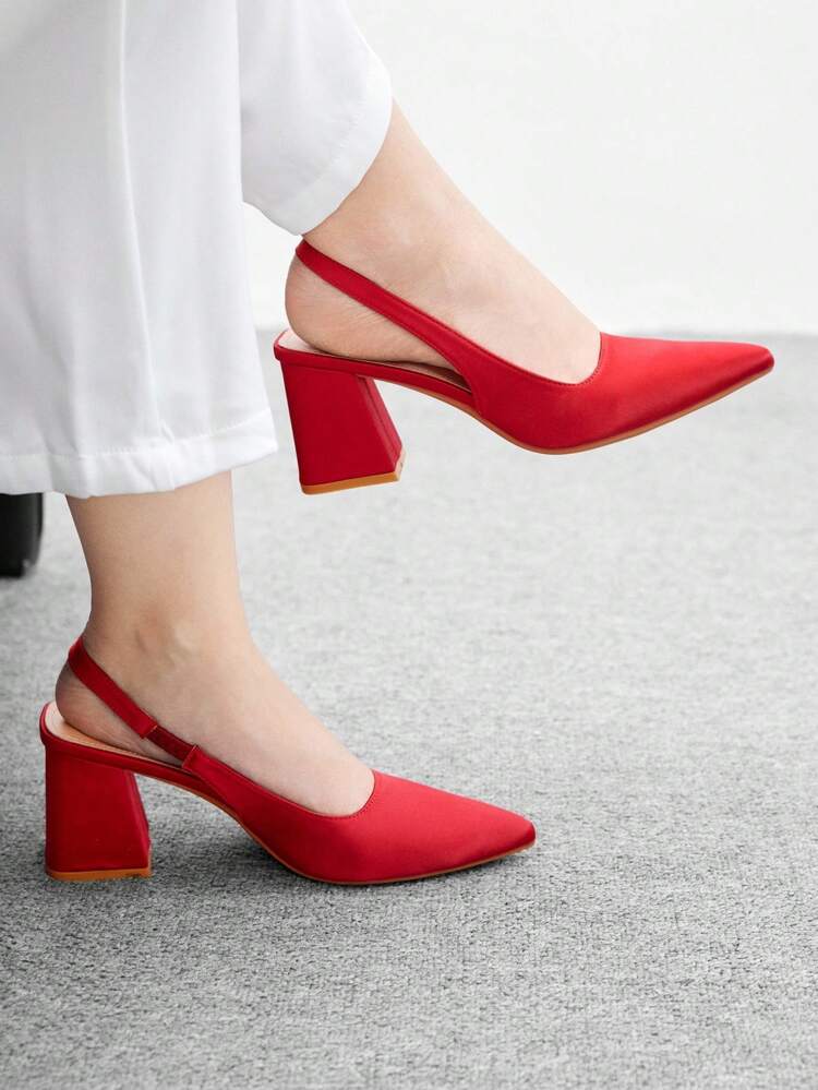 CUCCOO BIZCHIC Tacones altos de dama con punta afilada, tacón grueso, correa de tobillo roja, diseño sin respaldo, zapatos adecuados para uso diario, trabajo y atuendos de viaje