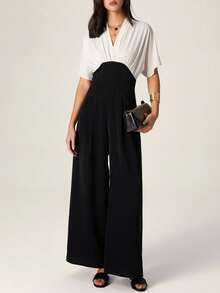Modelyn Fashionable New Simple Color Block Women Batwing Sleeve Jumpsuit - Black - View 3