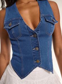 SHEIN BAE Summer Boho Music Festival Carnival Party Nomadic Western Road Party Retro Old Washed Denim Vest Jacket,Coachella, Holiday,Rave Top,Ibiza,Festival,Going Out