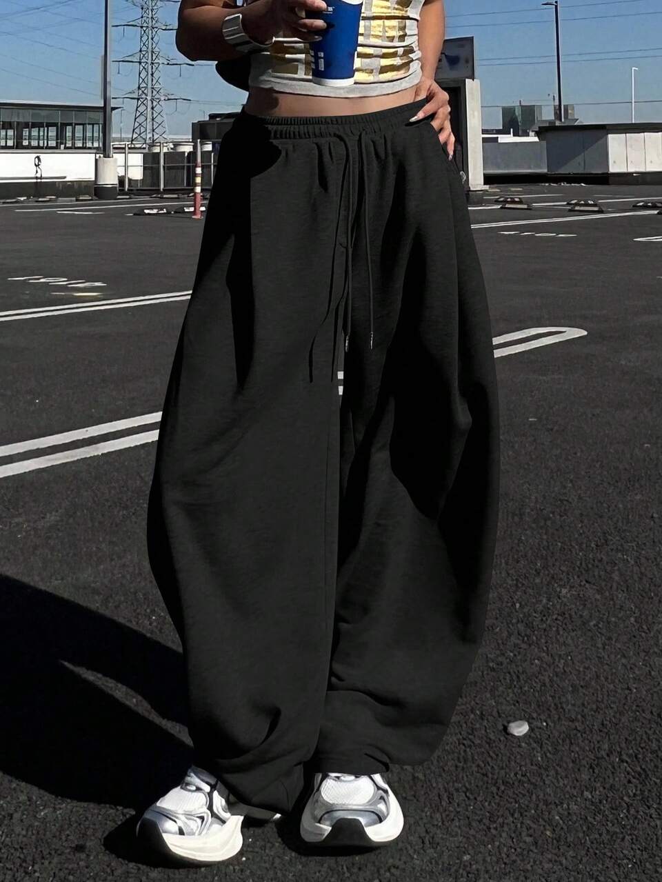Solid Color Loose Pleated Long Pants Sports Casual Streetwear Thermal Lined Thickened Sweatpants For Women Autumn/Winter