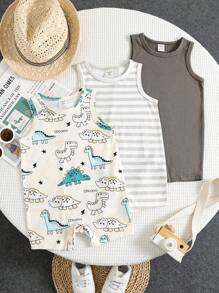 3件套新生男婴可爱卡通条纹无袖针织连体衣套装，夏季 - 彩色 - 查看 4