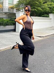 NegzBox Vintage Elegant Jacquard Pleated Wide-Leg Pants For Women, Autumn/Winter - Black - View 5