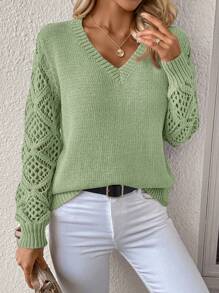 EMERY ROSE Casual Solid Color Hollow-Out Knit Patchwork Sweater In Fall/Winter