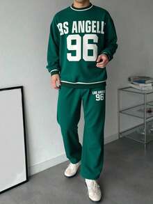 SHEIN 2件套青少年男童休闲舒适百搭印花圆领运动衫和慢跑裤套装 - 綠色 - 查看 3