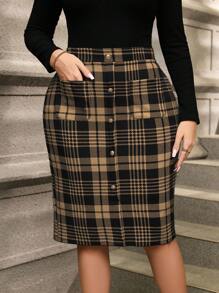 SHEIN Clasi 大码优雅通勤格子前扣修身半身裙 - 卡其色 - 查看 4