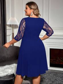 SHEIN Clasi Plus Size Solid Color Mid-Sleeve Lace Patchwork Keyhole Neck Ruffle Hem Elegant Dress - Royal Blue - View 2
