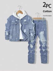 Bộ áo khoác denim và quần jeans cho bé trai TWEEN, Áo khoác denim giặt cũ phong cách đường phố kết hợp với quần jeans denim giặt cũ ống đứng, Trang phục denim thời trang cho bé trai, Hàng mới về - Rửa trung bình - Xem 1