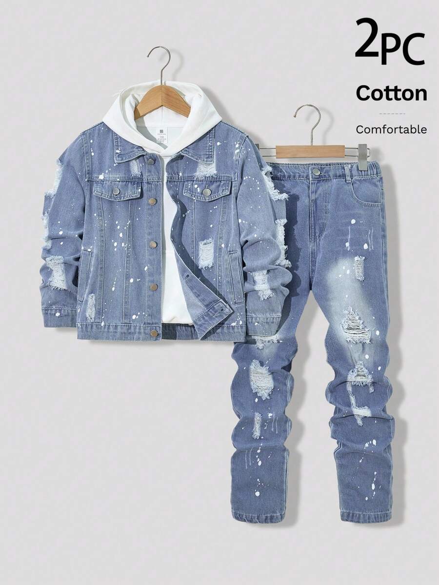 Bộ áo khoác denim và quần jeans cho bé trai TWEEN, Áo khoác denim giặt cũ phong cách đường phố kết hợp với quần jeans denim giặt cũ ống đứng, Trang phục denim thời trang cho bé trai, Hàng mới về - Rửa trung bình - Xem 1