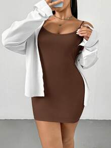 SHEIN Essnce 大码女装春夏时尚休闲舒适高弹力基础款日常百搭多色长款吊带背心3件装，外出上衣，夏季，度假，外出上衣，简约风格 - 彩色 - 查看 5