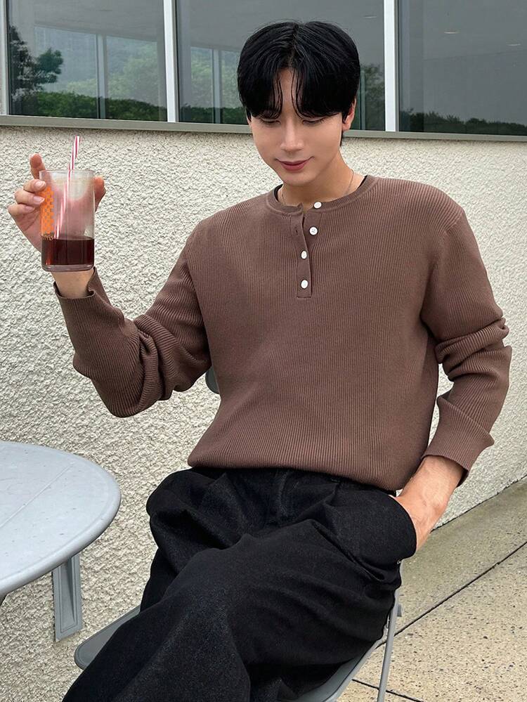 Men's Solid Brown Half-Zip Textured Knit Sweater, Autumn