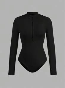 SHEIN EZwear 2 件女式黑色和杏色拉链高领紧身连体衣套装，休闲长袖，适合秋冬季 - 彩色 - 查看 3