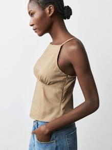 Maija 女式卡其色无袖吊带设计性感露背牛仔上衣 - 棕色 - 查看 5