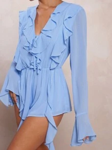 L'Amorae 女式长袖荷叶边连身裤 - 淺藍色 - 查看 2