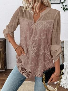 EMERY ROSE Embroidered Chiffon Casual Loose Long Sleeve Shirt Fall Cloth For Women - Dusty Pink - View 7
