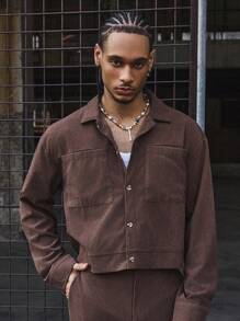PAVTROS 男士休闲短翻领灯芯绒衬衫和阔腿裤套装，秋季服装，舒适穿搭 - 棕色 - 查看 4