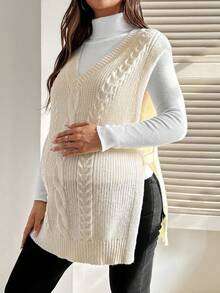 SHEIN 孕妇V领扭纹图案侧开衩下摆休闲针织背心