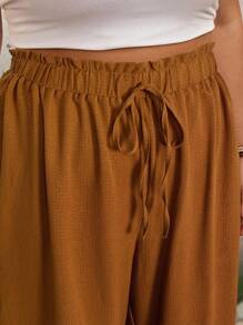 SHEIN CURVE+ 大码女式高腰宽松喇叭腿纯色荷叶边夏季裤，曲线加大，波西米亚度假风 - 棕色 - 查看 3