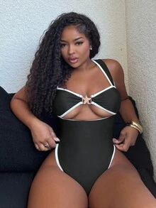 Alexandranx 女士节日派对沙滩尼龙面料连体泳衣 - 黑與白 - 查看 5