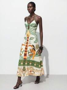 Maija Women's Boho Tropical Print Maxi Dress Sleeveless Spaghetti Strap Woven Fabric Dress With Ruffle Hem - Multicolor - View 4