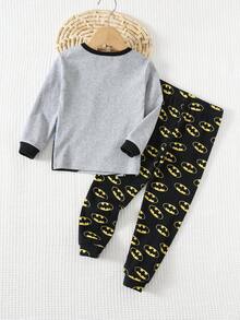 Young Boy Cartoon Pattern Knit Soft Crew Neck Long Sleeve Top And Elastic Waist Long Pants 2 Pieces Snug Fit Pajama Set Fall Winter - Multicolor - View 2